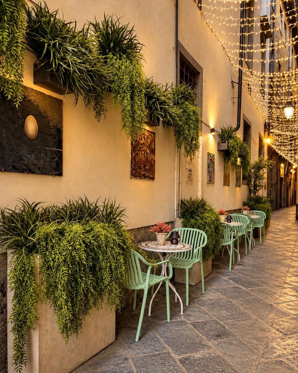 I tavolini verdi di Misù all'aperto, di sera, fra le piante sui muri e le luci appese sopra la strada