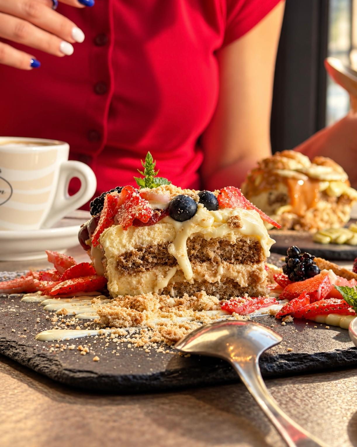 Tiramisù ai frutti di bosco tagliato a metà, con gli strati in vista, accanto a un cappuccino: la merenda da Misù