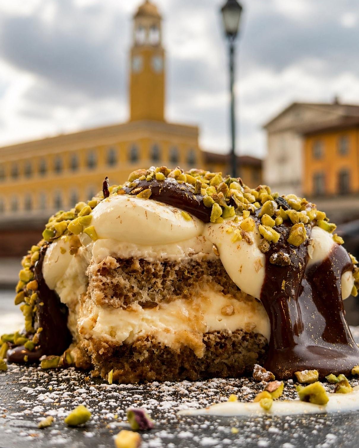 Tiramisù al pistacchio con cioccolato fondente colato e granella sull'ardesia, con i palazzi del Lungarno di Pisa sfocati alle spalle